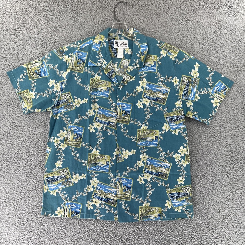 HOWIE Hawaiian Aloha Fauna Post Card Short Sleeve Shirt‎ Red Mens Large Vintage